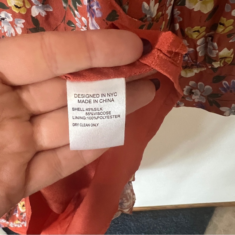 Yumi Kim So Amazing Rust Silk Floral Love Me Tender Dress Long Sleeves Pockets - Picture 12 of 14